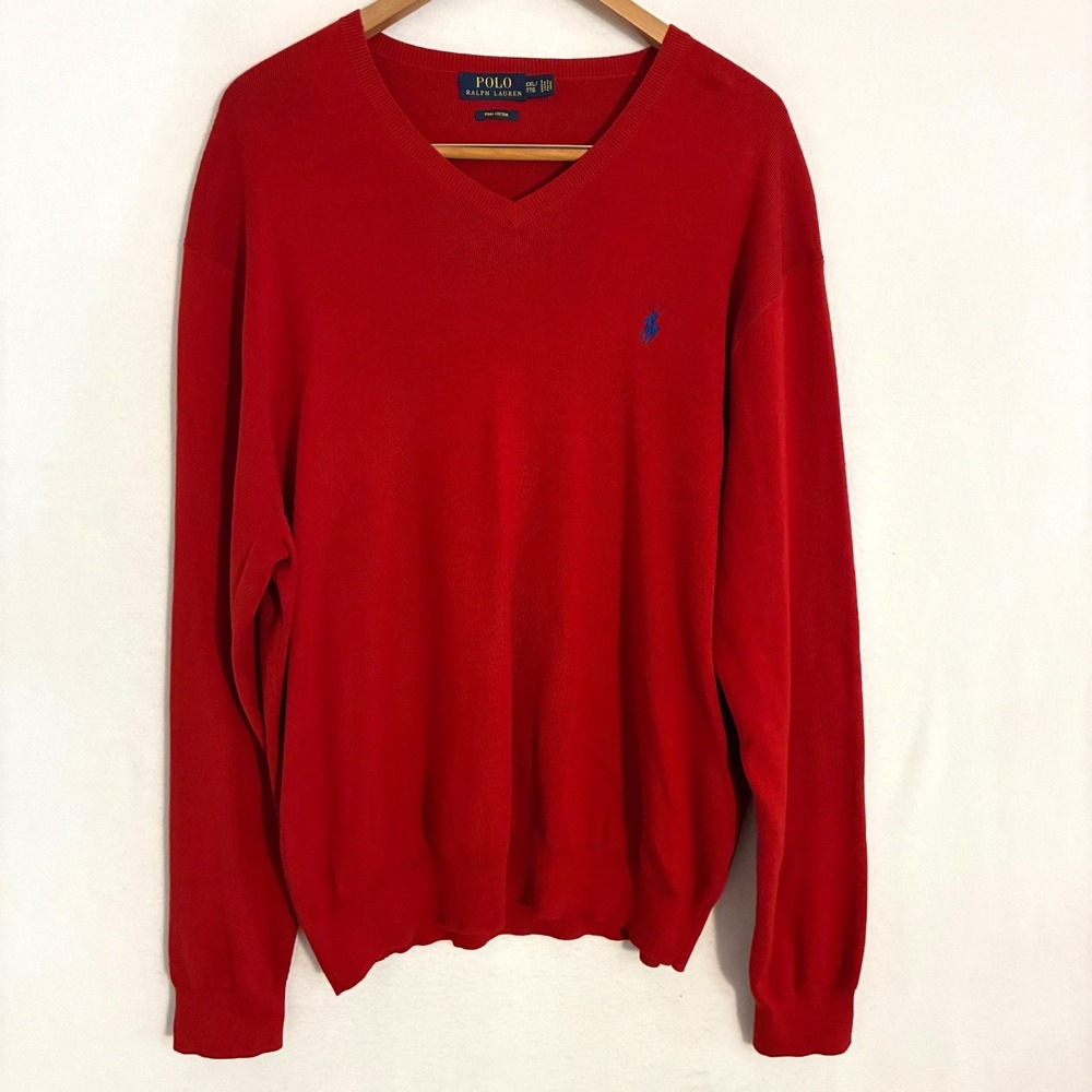 Polo Ralph Lauren Sweater Mens 2XL Red Knit V Neck Preppy Party Office Old Money